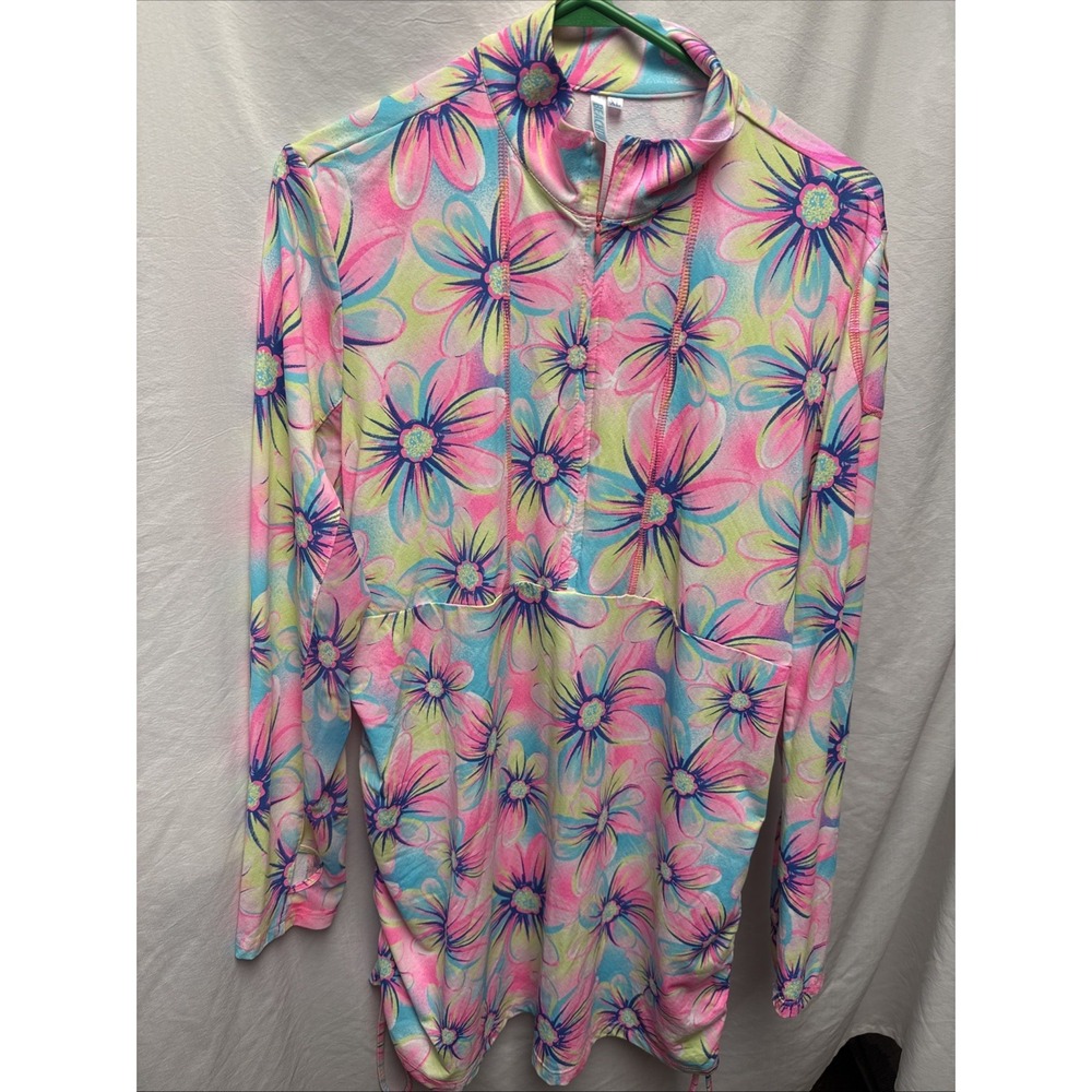 Beachwear Dress Swim Cover Sun Protection Bright Floral Print 1/4 Zip Pink XL